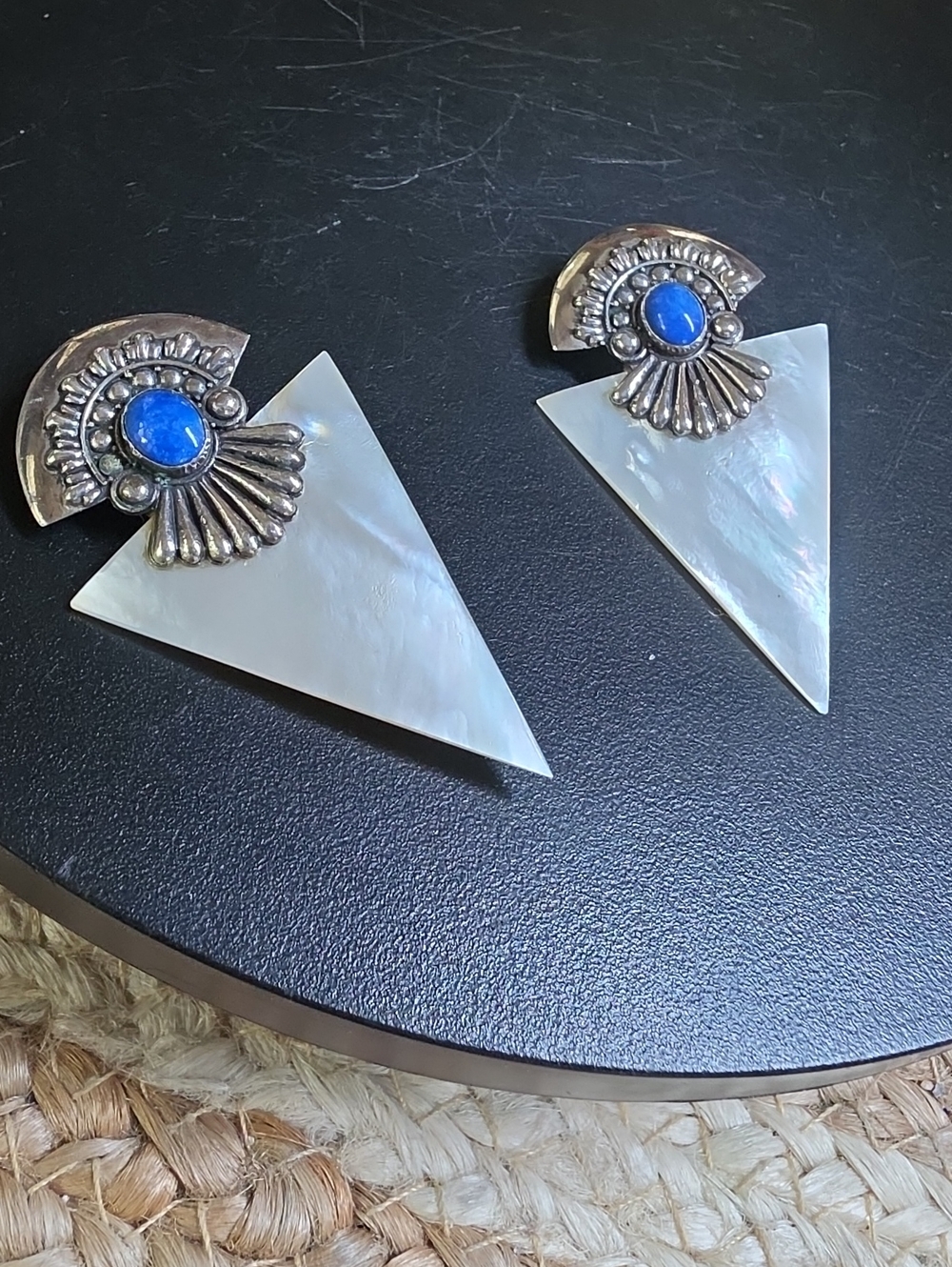 Lapis With Mother Of Pearl Solid .925 SILVER Navajo Pierced Earrings